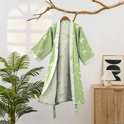 Kimono-Bademantel aus doppellagigem Baumwollgewebe mit grünem Schmetterlingsmuster - image 1