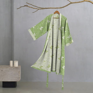 Kimono-Bademantel aus doppellagigem Baumwollgewebe mit grünem Schmetterlingsmuster - Grün - XL - image 0