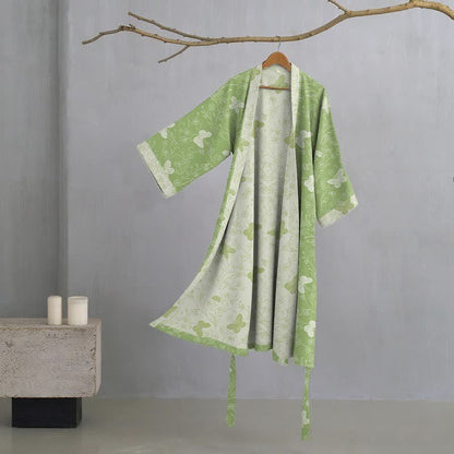 Kimono-Bademantel aus doppellagigem Baumwollgewebe mit grünem Schmetterlingsmuster - Grün - XL - image 0