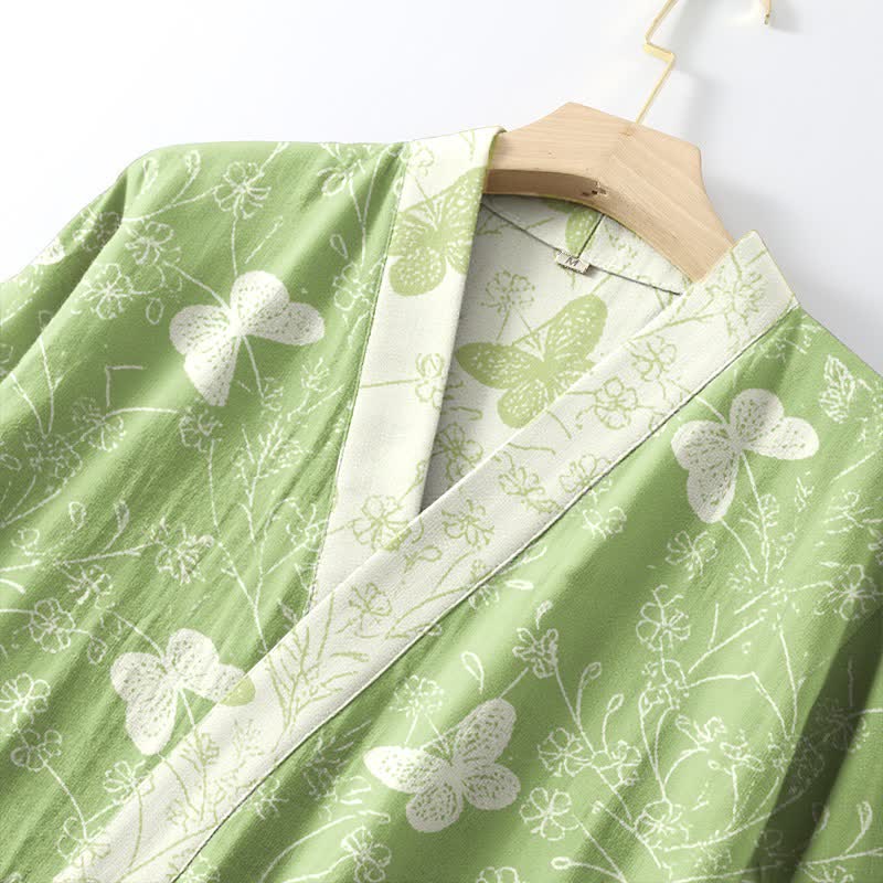 Kimono-Bademantel aus doppellagigem Baumwollgewebe mit grünem Schmetterlingsmuster - image 4
