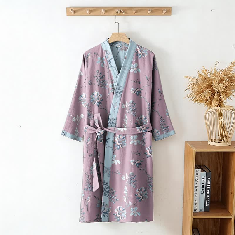 Kimono-Bademantel aus doppellagigem Baumwollgewebe mit blühendem Blumenmuster - image 2