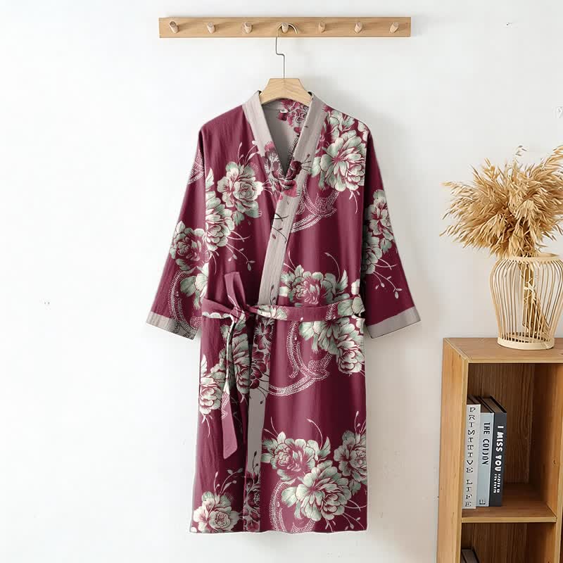 Luxuriöser Kimono-Bademantel aus doppellagigem Baumwollgaze mit Pfingstrosenmuster - image 2