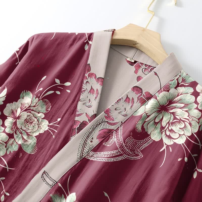 Luxuriöser Kimono-Bademantel aus doppellagigem Baumwollgaze mit Pfingstrosenmuster - image 5
