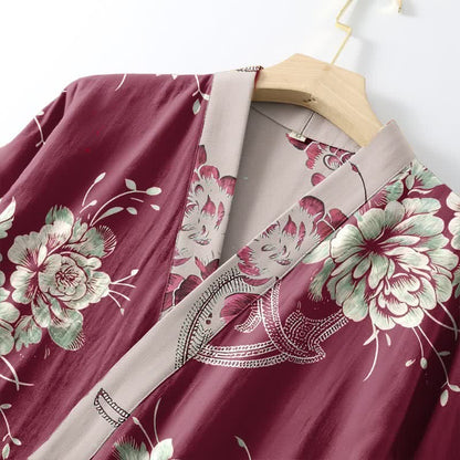 Luxuriöser Kimono-Bademantel aus doppellagigem Baumwollgaze mit Pfingstrosenmuster - image 5