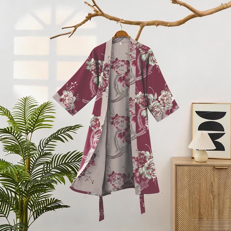 Luxuriöser Kimono-Bademantel aus doppellagigem Baumwollgaze mit Pfingstrosenmuster - image 1