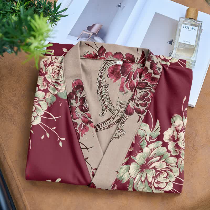 Luxuriöser Kimono-Bademantel aus doppellagigem Baumwollgaze mit Pfingstrosenmuster - image 4