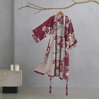 Luxuriöser Kimono-Bademantel aus doppellagigem Baumwollgaze mit Pfingstrosenmuster - Wein - XL - image 0