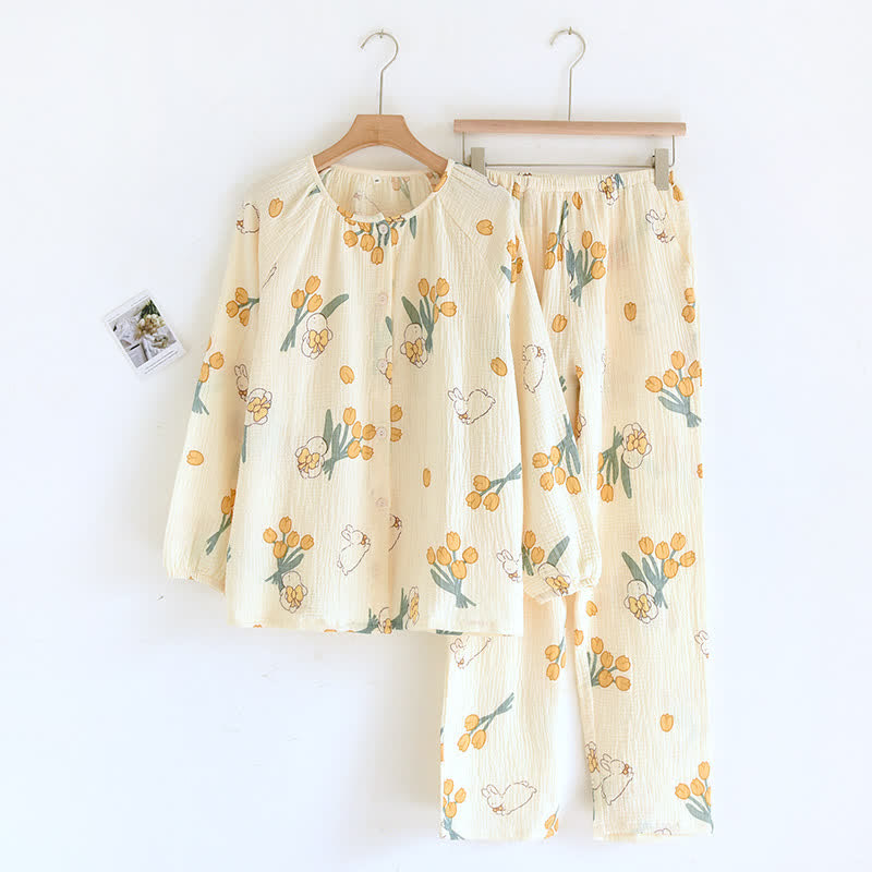 Tulpen- und Hasen-Pyjama-Set aus Baumwollgaze - image 10