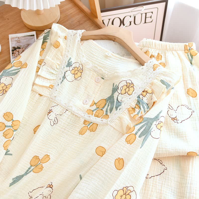 Tulpen- und Hasen-Pyjama-Set aus Baumwollgaze - image 3