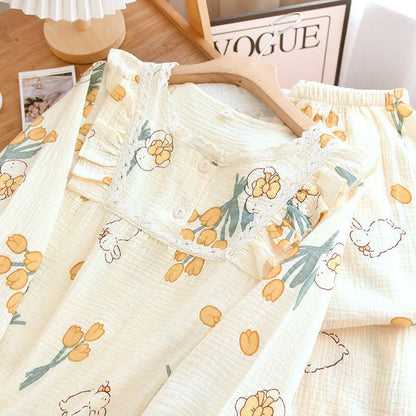 Tulpen- und Hasen-Pyjama-Set aus Baumwollgaze - image 3