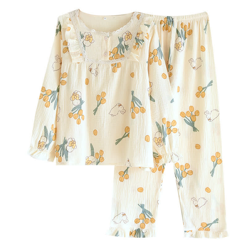 Tulpen- und Hasen-Pyjama-Set aus Baumwollgaze - image 8