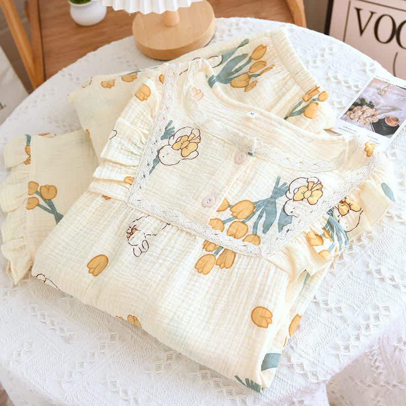 Tulpen- und Hasen-Pyjama-Set aus Baumwollgaze - image 1