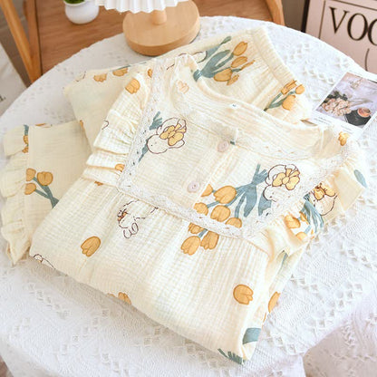 Tulpen- und Hasen-Pyjama-Set aus Baumwollgaze - image 1