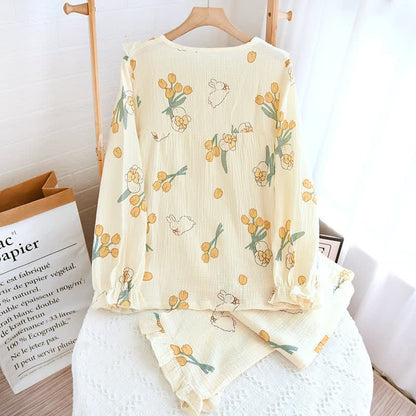 Tulpen- und Hasen-Pyjama-Set aus Baumwollgaze - image 2