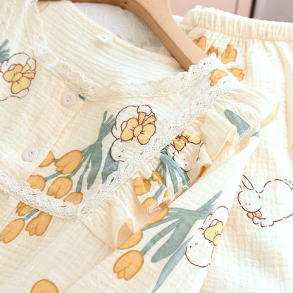 Tulpen- und Hasen-Pyjama-Set aus Baumwollgaze - image 4