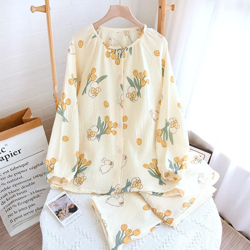 Tulpen- und Hasen-Pyjama-Set aus Baumwollgaze - Aprikose - Rundhalsausschnitt - XL - image 9