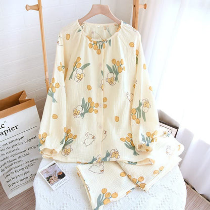 Tulpen- und Hasen-Pyjama-Set aus Baumwollgaze - Aprikose - Rundhalsausschnitt - XL - image 9