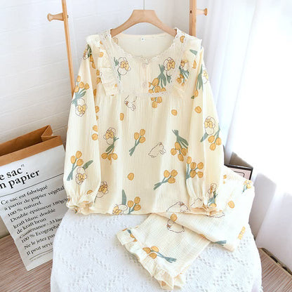 Tulpen- und Hasen-Pyjama-Set aus Baumwollgaze - Aprikose - Rundhalsausschnitt aus Spitze - XL - image 0