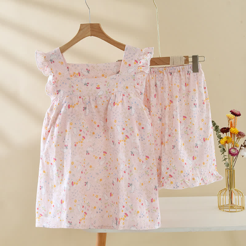 Ärmelloser Pyjama aus Baumwollgaze mit Blumen- und Hasenmuster - Rosa - XL - image 0
