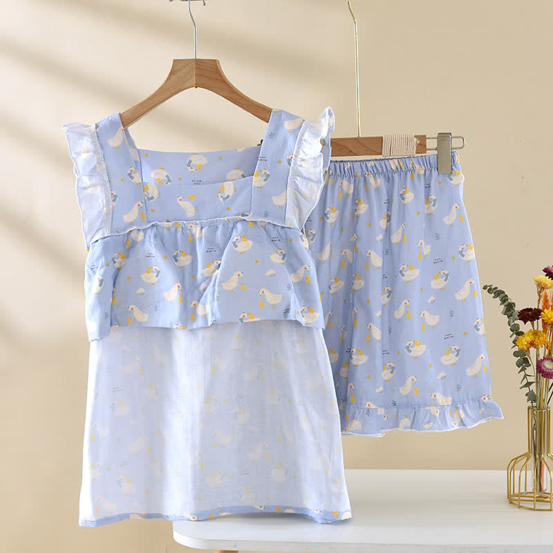 Ärmelloser Pyjama aus blauer Gänsebaumwolle - image 2