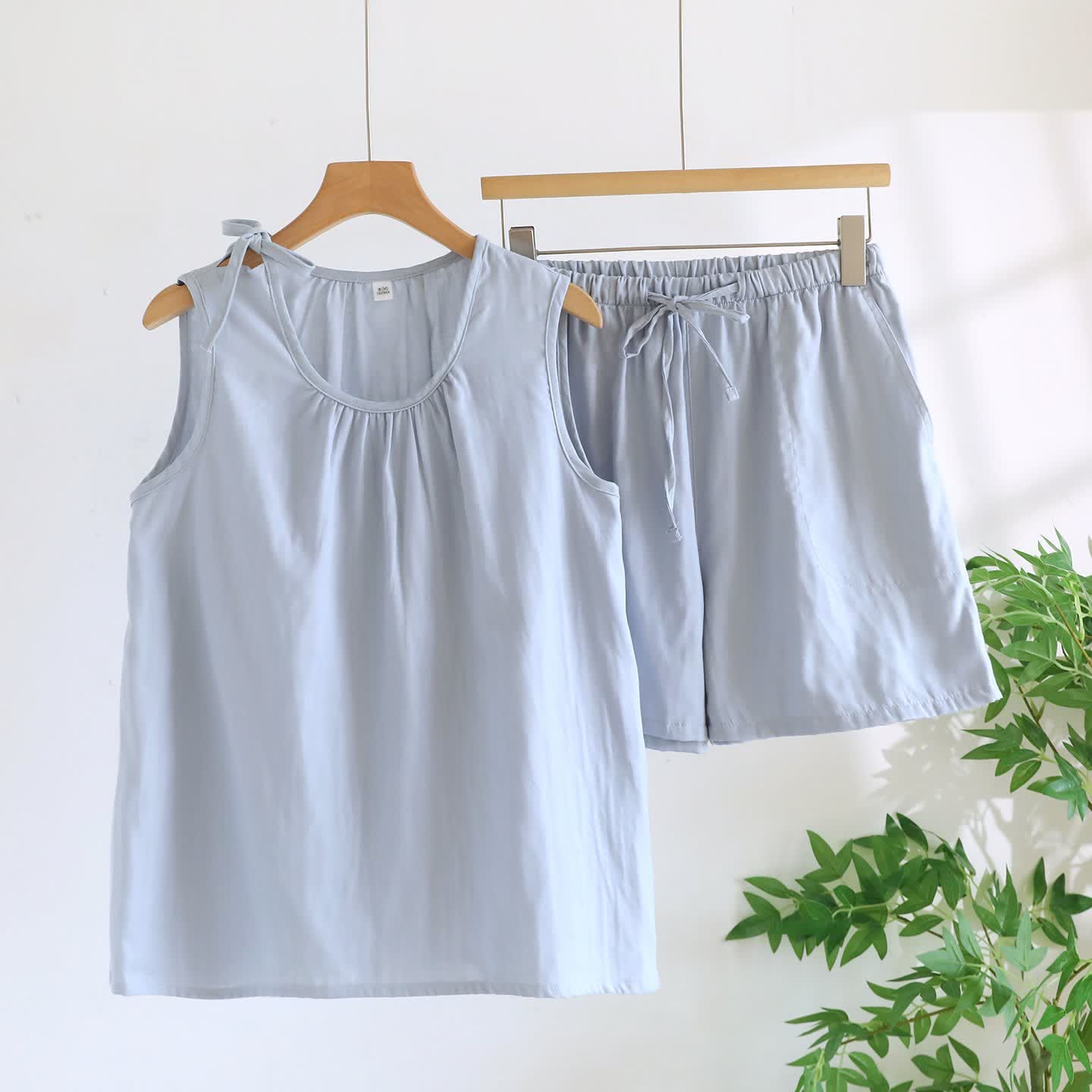 Ärmelloser Pyjama aus doppellagigem Baumwoll-Gaze - Blau - XL - image 3