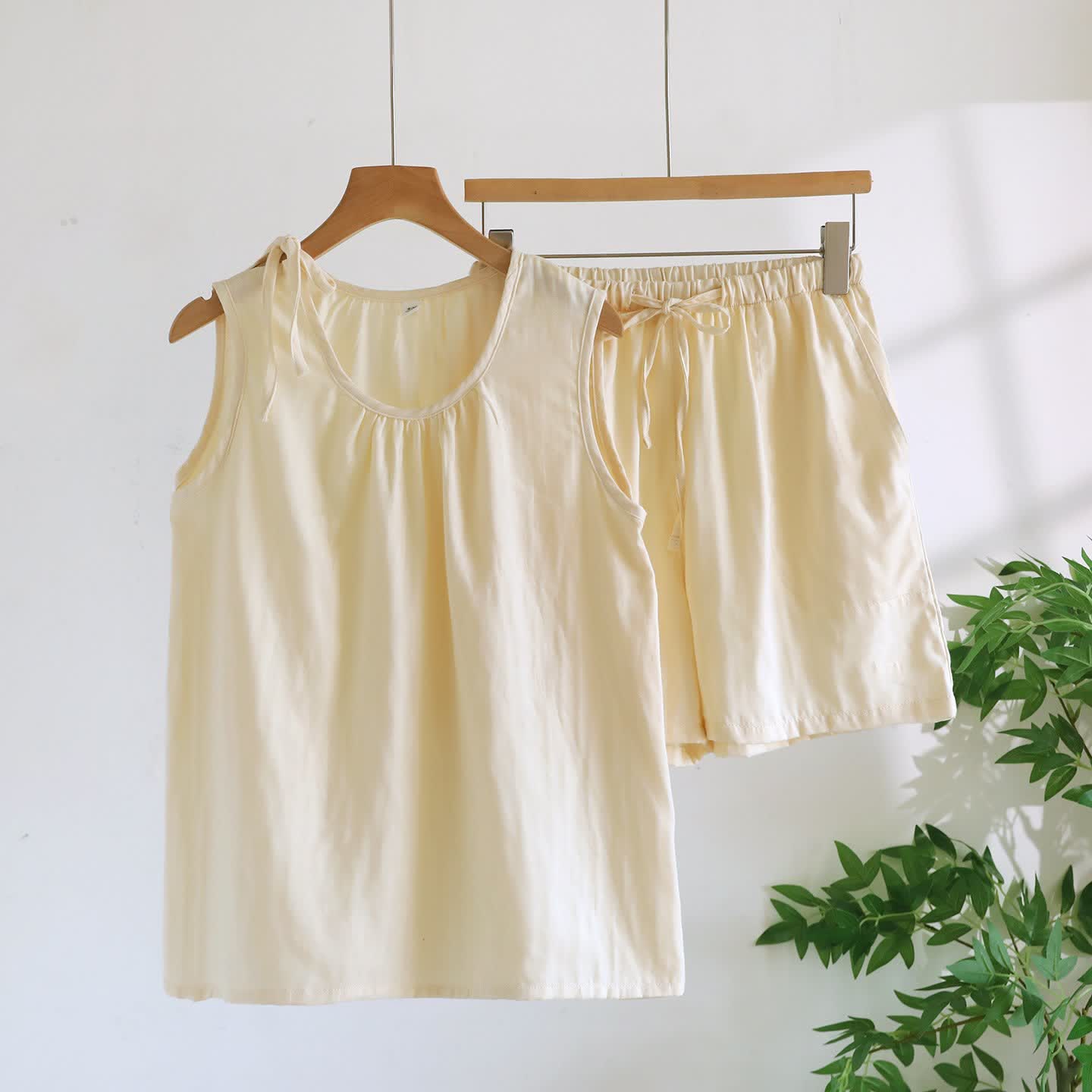 Ärmelloser Pyjama aus doppellagigem Baumwoll-Gaze - Beige - XL - image 6