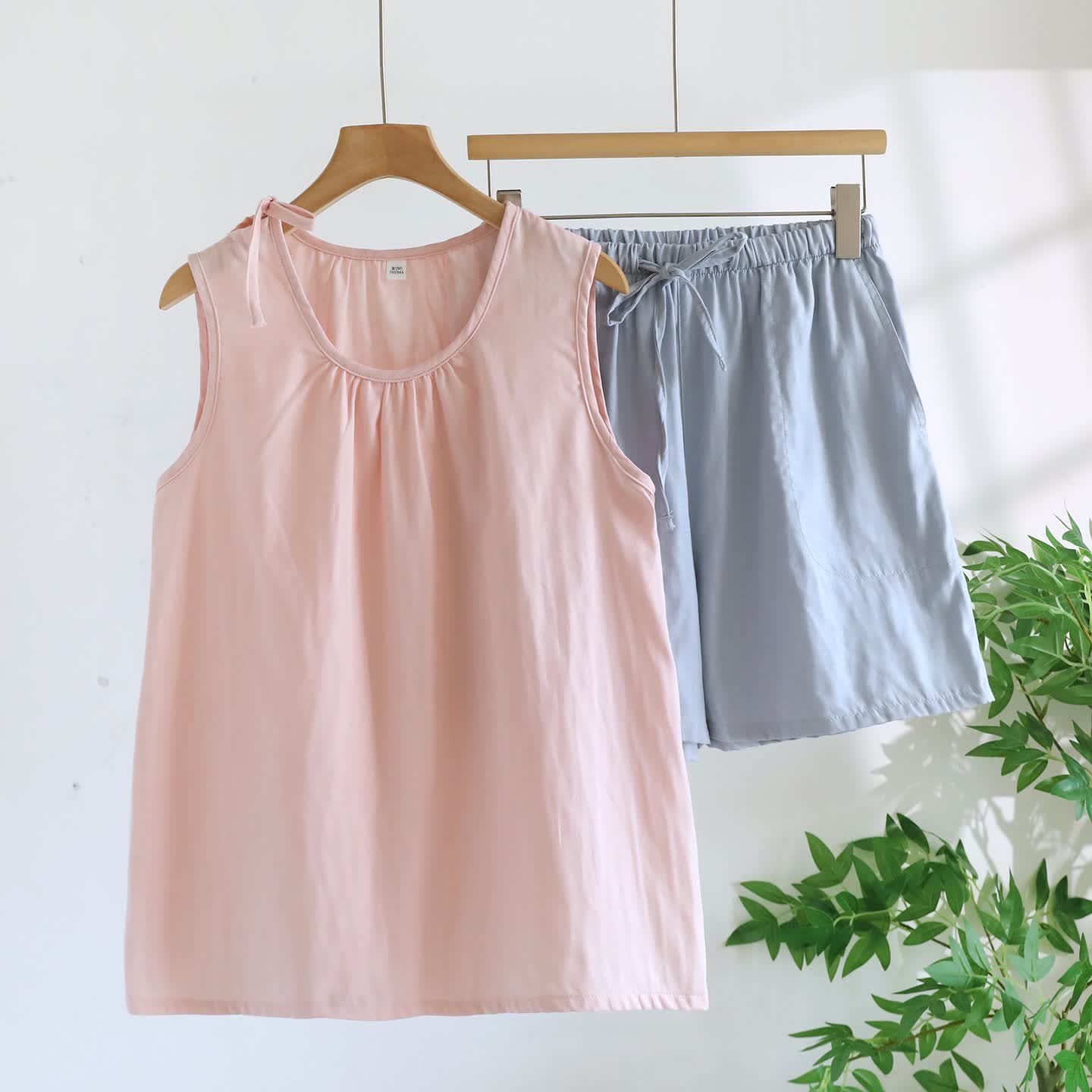 Ärmelloser Pyjama aus doppellagigem Baumwoll-Gaze - Rosa & Blau - XL - image 7