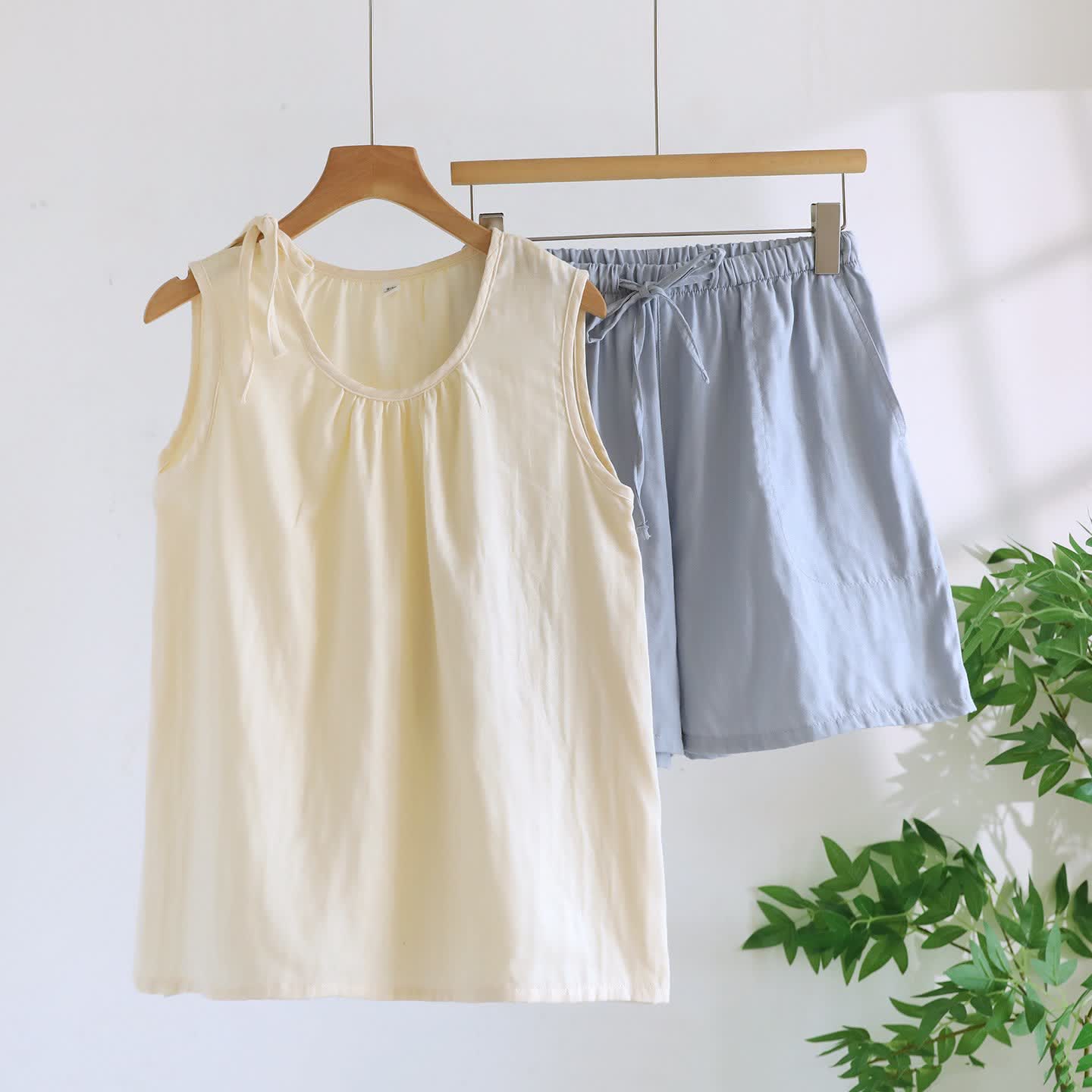 Ärmelloser Pyjama aus doppellagigem Baumwoll-Gaze - Beige & Blau - XL - image 8