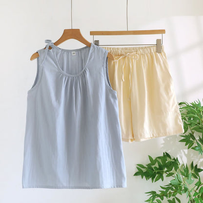 Ärmelloser Pyjama aus doppellagigem Baumwoll-Gaze - Blau & Beige - XL - image 10