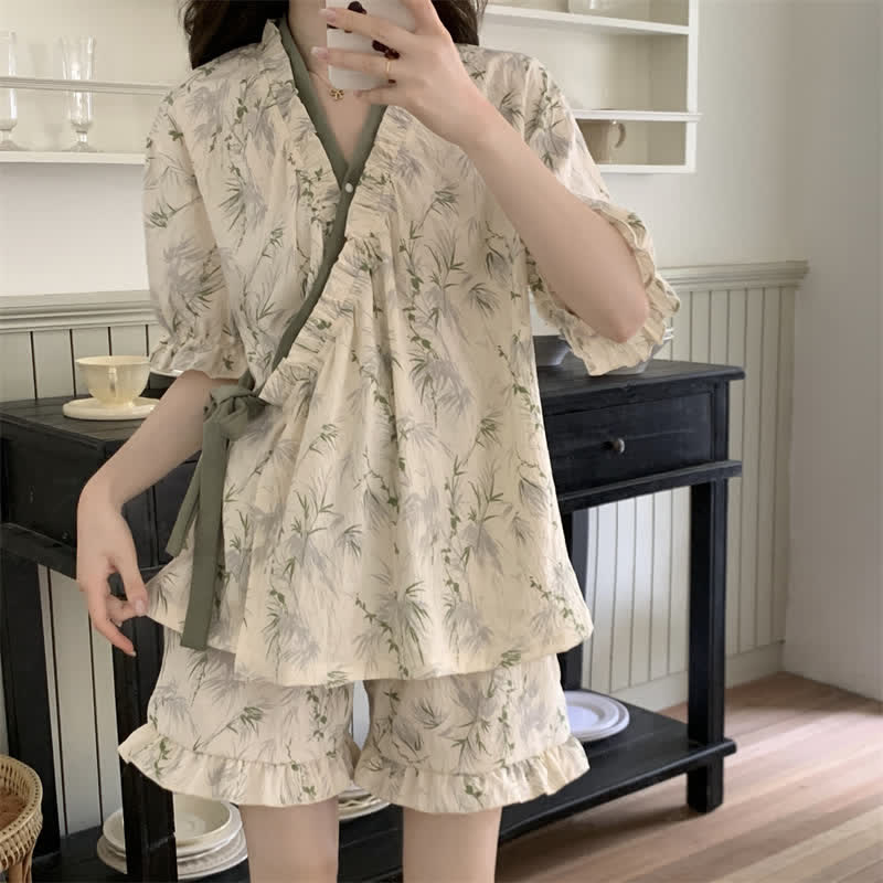 Eleganter Pyjama mit Bambusblatt-Rüschenärmeln - image 1