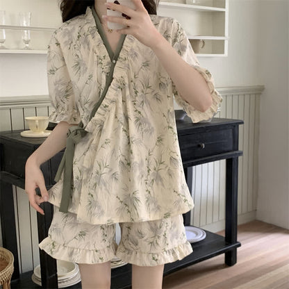 Eleganter Pyjama mit Bambusblatt-Rüschenärmeln - image 1