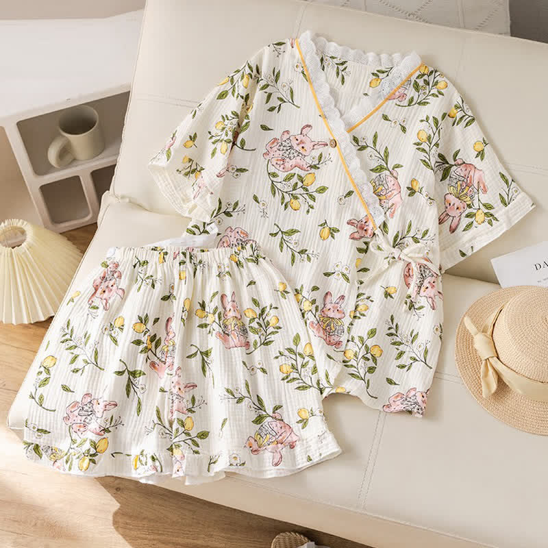 Pyjama-Set aus Baumwollgaze mit Zitrone und Hase - image 4