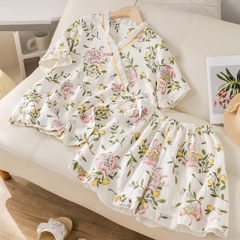 Pyjama-Set aus Baumwollgaze mit Zitrone und Hase - image 3