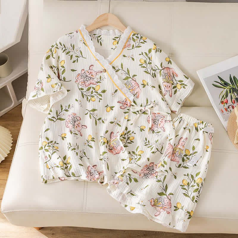 Pyjama-Set aus Baumwollgaze mit Zitrone und Hase - image 1