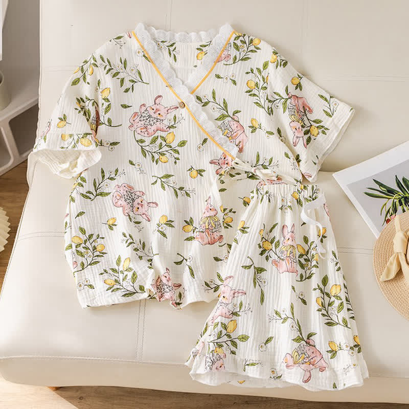 Pyjama-Set aus Baumwollgaze mit Zitrone und Hase - image 2