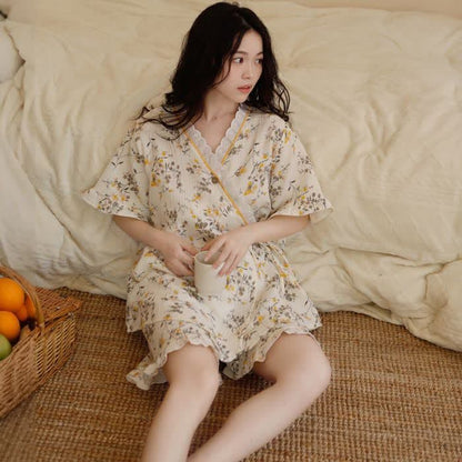 Gelber Pyjama-Set aus Baumwollgaze mit Blumenmuster - image 3