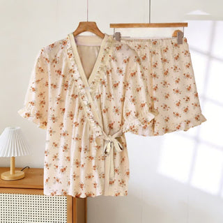 Pyjama im Landhausstil mit Blumenmuster und Rüschenärmeln - Beige - 3XL - image 0