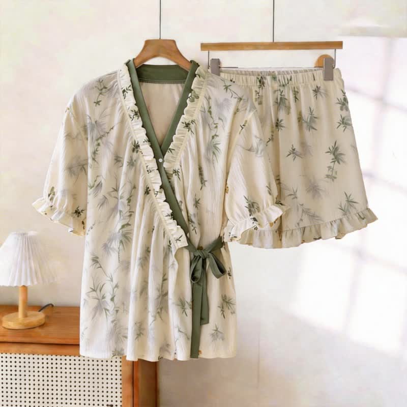 Eleganter Pyjama mit Bambusblatt-Rüschenärmeln - Beige & Grün - XXL - image 0