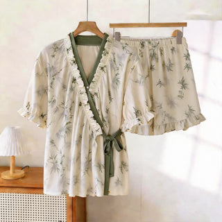 Eleganter Pyjama mit Bambusblatt-Rüschenärmeln - Beige & Grün - XXL - image 0