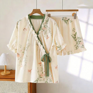 Rustikaler Pyjama mit Schmetterlings- und Blätterrüschenärmeln - Beige & Grün - XXL - image 0