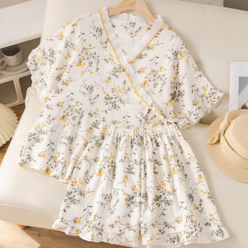 Gelber Pyjama-Set aus Baumwollgaze mit Blumenmuster - image 1