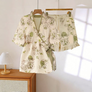Pyjama-Set mit Rosenrüschenärmeln - Beige & Grün - 3XL - image 0