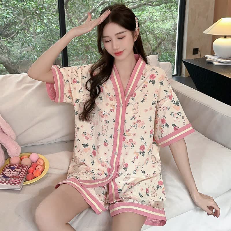 Kurzarm-Pyjama-Set mit Blumenmuster und Hasenmotiv - Beige & Rosa - 3XL - image 0