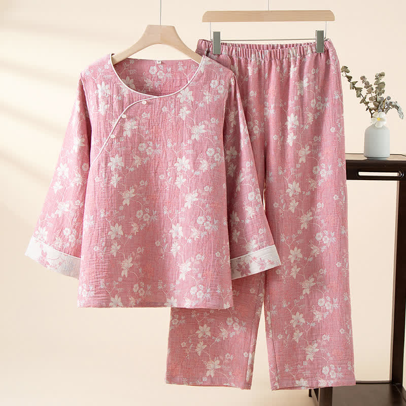 Orientalischer rosa geblümter Baumwoll-Leinen-Pyjama - Rosa - XL - image 0