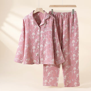 Vintage-Pyjama aus Baumwoll-Leinen-Mischgewebe mit Blumenmuster und Jacquard-Print - Rosa - XL - image 0