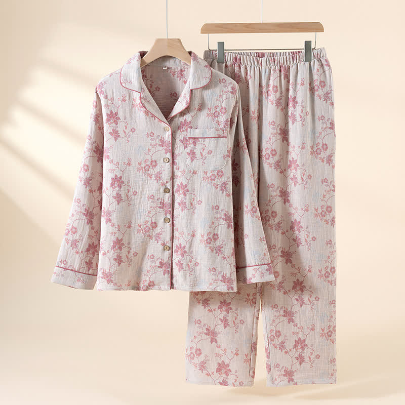 Vintage-Pyjama aus Baumwoll-Leinen-Mischgewebe mit Blumenmuster und Jacquard-Print - Beige - XL - image 1