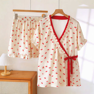 Kirschfarbener Pyjama mit Rüschenärmeln und weißen Punkten - Beige & Rot - XXXL - image 0