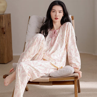 Elegantes Pyjama-Set aus Baumwolle mit Blumenmuster und Rundhalsausschnitt - Rosa - XXL - image 0