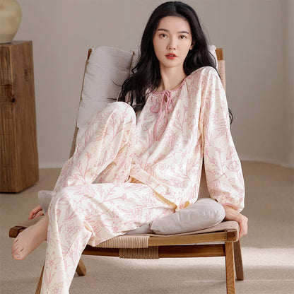 Elegantes Pyjama-Set aus Baumwolle mit Blumenmuster und Rundhalsausschnitt - Rosa - XXL - image 0