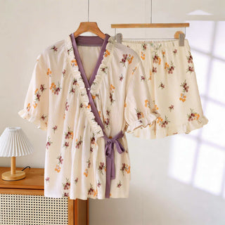 Rustikales Pyjama-Set mit Rüschenärmeln in Beerenfarben - Beige & Lila - XXL - image 0